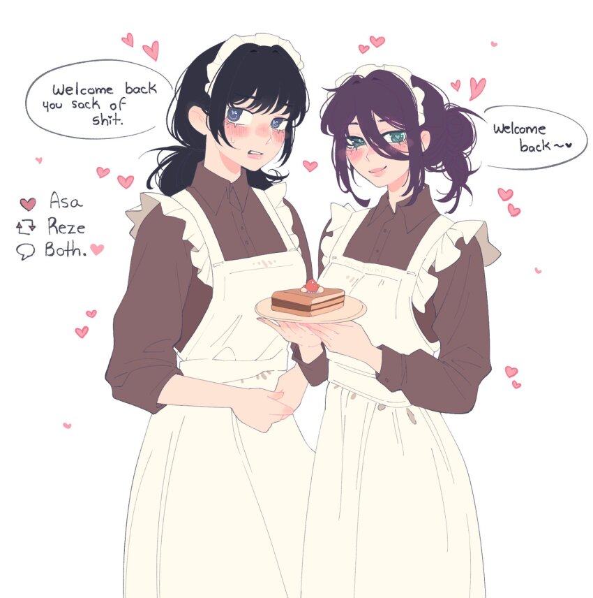 2girls, apron, black_hair, blue_eyes, brown_shirt, chainsaw_man, commentary, dessert