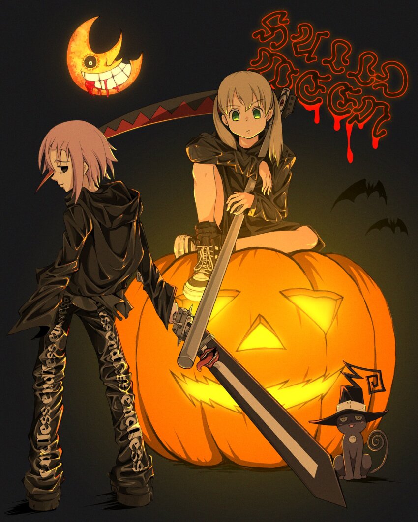 1other, 2girls, black_hoodie, black_jacket, black_pants, blair_(cat)_(soul_eater), blair_(soul_eater), blonde_hair