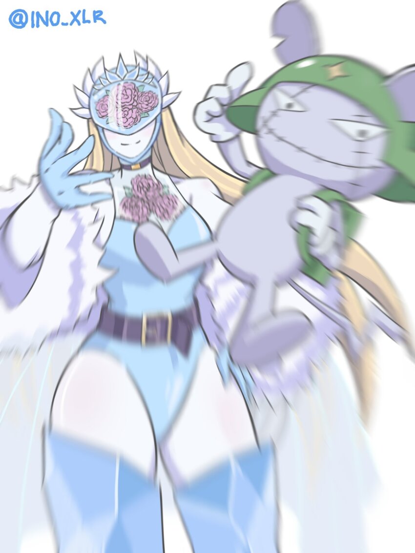 1girl, belt, blue_leotard, breasts, cendrillmon, cendrillmon's_mouse, digimon, digimon_(creature)