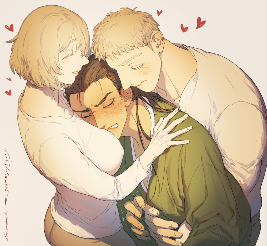 1girl, 2boys, :s, bisexual_male, black_hair, blush, boy_and_girl_sandwich, breasts, brown_pants, clenched_teeth, closed_eyes, commentary, dungeon_meshi, ear_blush, embarrassed, falin_touden, green_kimono, heart, highres, hug, hug_from_behind, japanese_clothes, kimono, laios_touden, large_breasts, light_blush, light_brown_hair, long_hair, medium_breasts, medium_hair, multiple_boys, pants, ponytail, sandwiched, shirt, short_hair, shurou, signature, smile, sweat, teeth, white_background, white_shirt, yamyanm.k