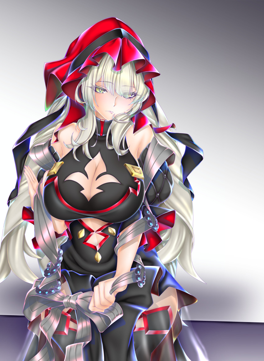 1girl, absurdres, black_dress, black_thighhighs, black_veil, breasts, cleavage, cleavage_cutout