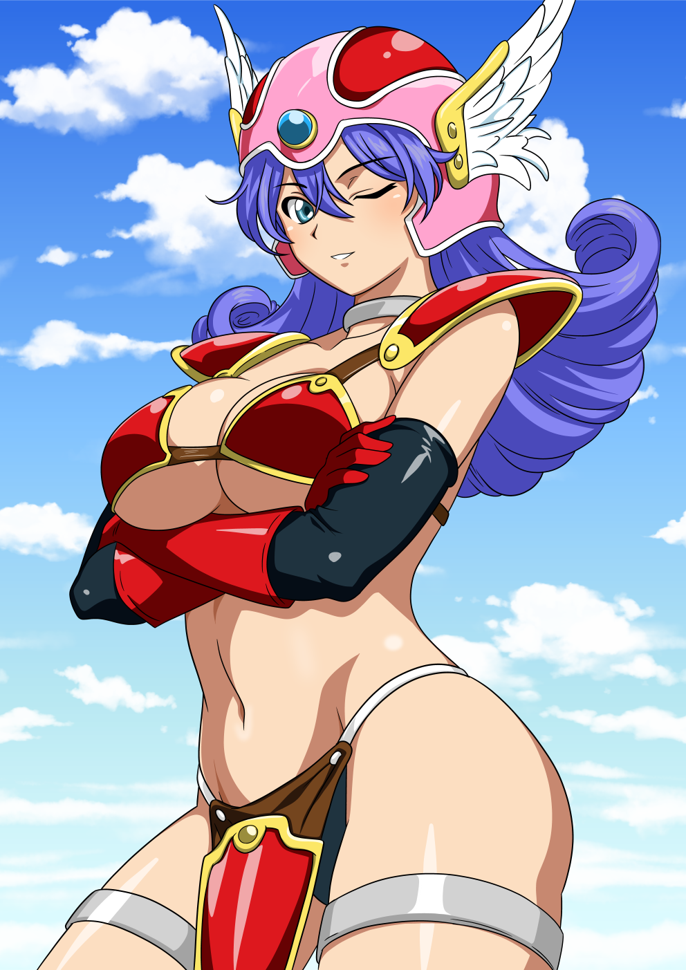 1girl, aqua_eyes, armor, arms_under_breasts, bikini_armor, blue_eyes, blue_hair, breasts