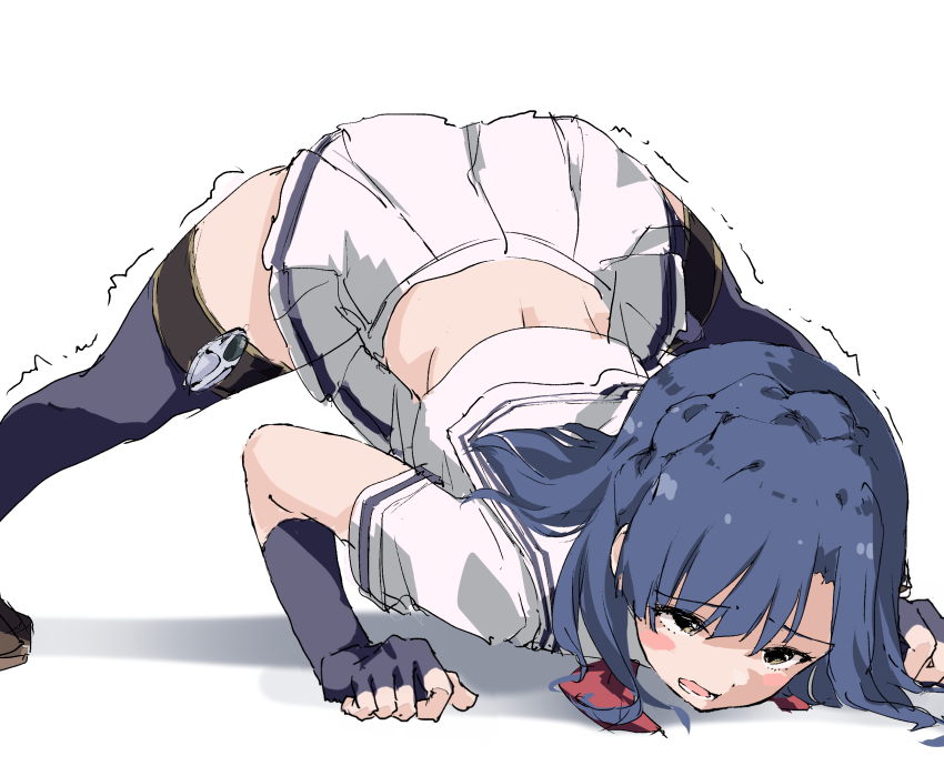 1girl, black_gloves, black_thighhighs, blue_hair, blush_stickers, braid, brown_footwear, commentary_request