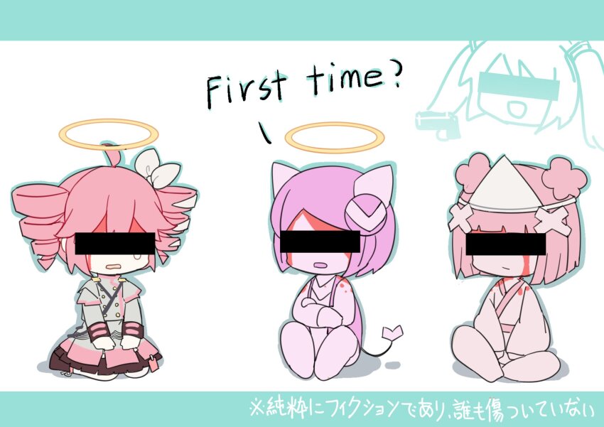 +-0_(vocaloid), 3girls, blood, censored, commentary, crying, drill_hair, frilled_skirt