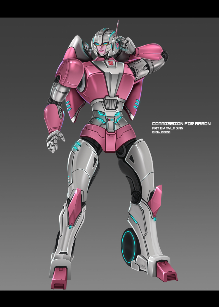 1girl, arcee, autobot, backpack, bag, blue_eyes, full_body, grey_background