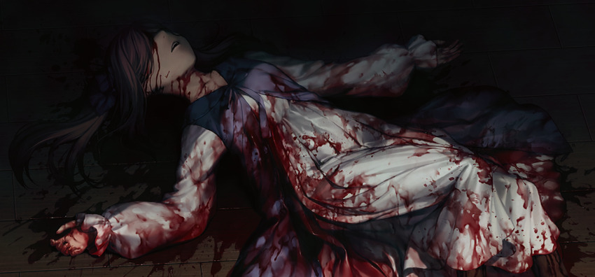 1girl, apron, bleeding, blood, blood_on_clothes, blood_on_face, blood_on_ground, blood_on_hands