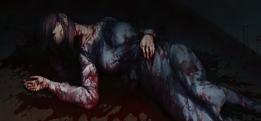 1girl, apron, bleeding, blood, blood_on_clothes, blood_on_face, blood_on_ground, blood_on_hands