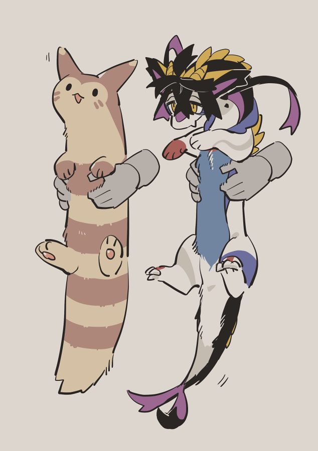 1boy, 2others, animal, animalization, black_fur, black_hair, blue_fur, carrying, carrying_person, claws, closed_eyes, commentary_request, dragon, dragon_boy, dragon_horns, dragon_scales, dragon_tail, fang, full_body, furret, gen_2_pokemon, grey_fur, holding, holding_animal, horns, kieran_(pokemon), lunchbox_(artist), male_focus, mole, mole_on_neck, multicolored_fur, multicolored_hair, multiple_others, nintendo, no_humans, pokemon, pokemon_(creature), pokemon_scarlet_and_violet, purple_fur, red_fur, sharp_toenails, short_hair, sidelocks, simple_background, skin_fang, tail, toenails, two-tone_hair, white_background, white_fur, yellow_scales