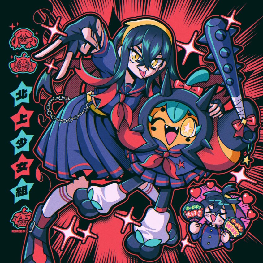 1boy, 2girls, black_hair, black_sailor_collar, black_serafuku, black_shirt, black_skirt, carmine_(pokemon), club, club_(weapon), colored_inner_hair, crossed_bangs, eyelashes, fangs, fingerless_gloves, gen_9_pokemon, gloves, greenriverknight, hair_between_eyes, hairband, highres, holding, holding_club, holding_weapon, jacket, kieran_(pokemon), legendary_pokemon, long_hair, long_sleeves, looking_at_viewer, mole, mole_on_neck, mole_under_eye, multicolored_hair, multiple_girls, neckerchief, nintendo, ogerpon, open_mouth, pokemon, pokemon_(creature), pokemon_scarlet_and_violet, purple_hair, red_hair, sailor_collar, sailor_shirt, school_uniform, serafuku, shirt, skirt, smile, spiked_club, star-shaped_pupils, star_(symbol), symbol-shaped_pupils, two-tone_hair, weapon, yellow_eyes, yellow_hairband