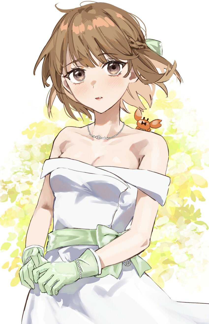 1girl, absurdres, bare_shoulders, breasts, brown_eyes, brown_hair, character_request, cleavage