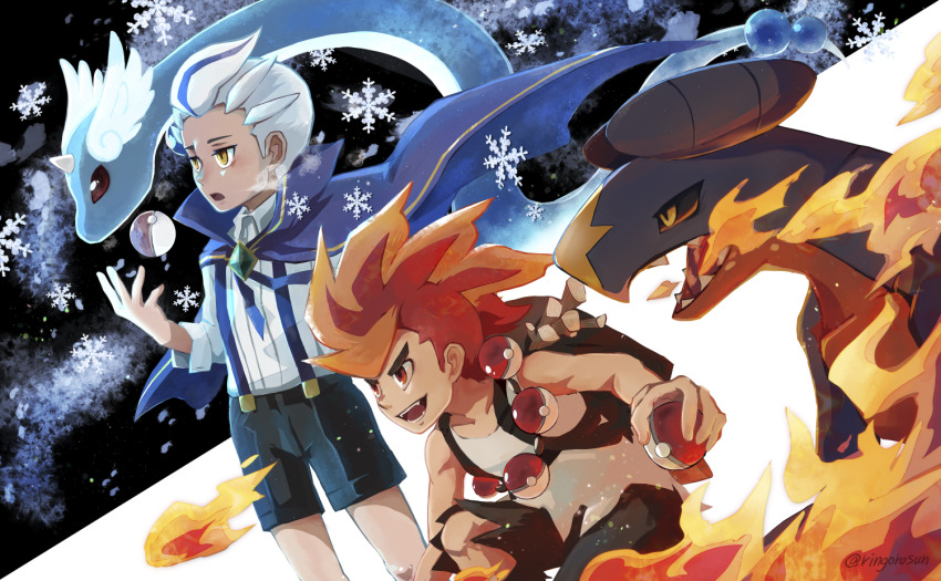 2boys, :d, backpack, bag, benga_(pokemon), black_bag, black_shorts, breath