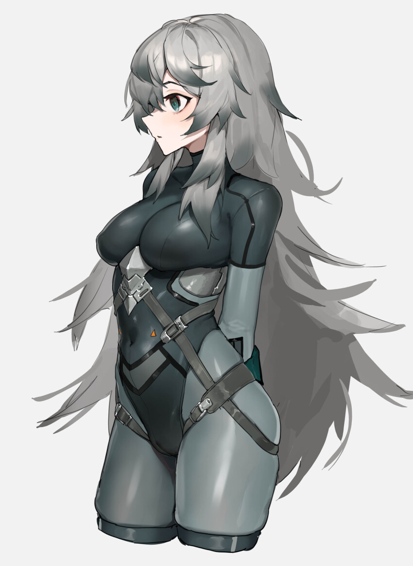 1girl, absurdres, arms_behind_back, beltblack_survival, black_survival, blue_eyes, bodysuit, breasts, buckle, cameltoe, covered_erect_nipples, covered_navel, cowboy_shot, cropped_legs, eternal_return:_black_survival, grey_bodysuit, grey_hair, hair_between_eyes, highres, katja_(black_survival), long_hair, medium_breasts, parted_lips, profile, solo, standing, strap, thigh_strap, tunamayo_(dsasd751), very_long_hair