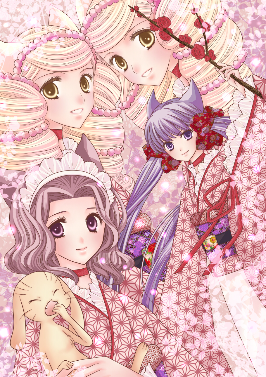 4girls, animal_ears, asa_no_ha_(pattern), bad_id, bad_pixiv_id, beads, black_hair, blonde_hair, bonbori_(otome_youkai_zakuro), bow, branch, closed_eyes, drill_hair, fangs, floral_print, flower, fox_ears, hair_bow, hair_ornament, hair_ribbon, highres, hoozuki_(otome_youkai_zakuro), japanese_clothes, kikumon, kimono, light_particles, long_hair, maid_headdress, mamezou_(otome_youkai_zakuro), multiple_girls, murasaki_gohan, otome_youkai_zakuro, purple_eyes, purple_hair, ribbon, short_hair, siblings, sisters, smile, susukihotaru, twins, twintails, yawning, yellow_eyes, zakuro, zakuro_(otome_youkai_zakuro)