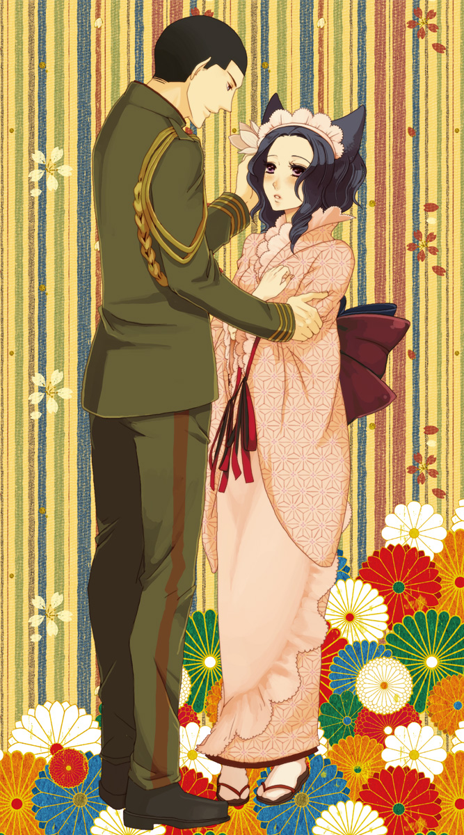1boy, 1girl, aiguillette, animal_ears, asa_no_ha_(pattern), black_hair, blush, couple, flower, fox_ears, hair_flower, hair_ornament, hetero, highres, japanese_clothes, kikumon, kimono, maid_headdress, military, military_uniform, otome_youkai_zakuro, peko_(opal), purple_eyes, short_hair, smile, standing, susuki_hotaru, susukihotaru, uchuujin_p, yoshinokazura_riken