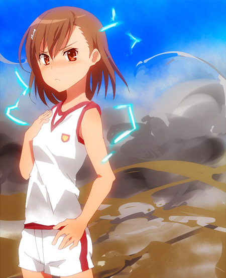 brown_eyes, brown_hair, electricity, electrokinesis, gym_uniform, hair_ornament, hairpin, krks63, misaka_mikoto, shorts, solo, toaru_kagaku_no_railgun, toaru_majutsu_no_index