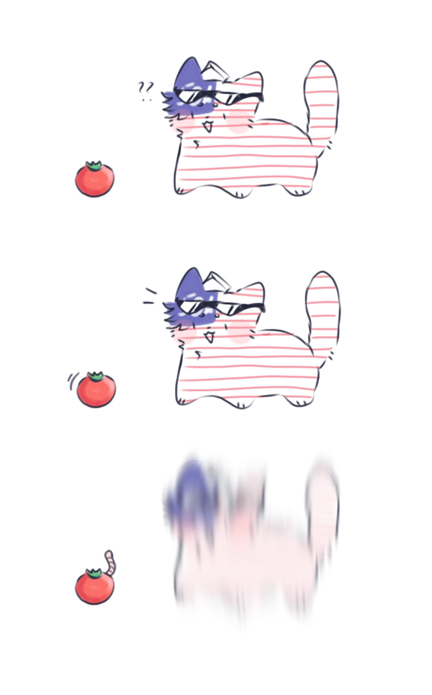 ahoge, america_(countryhumans), american_flag, animal, animal_ears, cat, confused, fluffy, highres, l1ly4, non-web_source, open_mouth, self-upload, simple_background, smile, sunglasses, surprised, tomato, white_background, worm