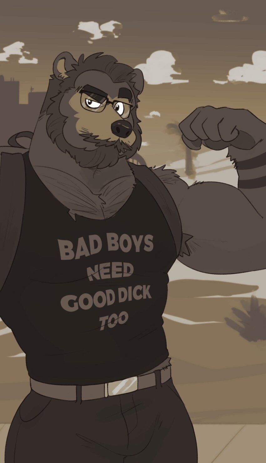 1boy, absurdres, armpit_hair, armpit_hair_peek, bara, bear_boy, beard, beard_over_mouth