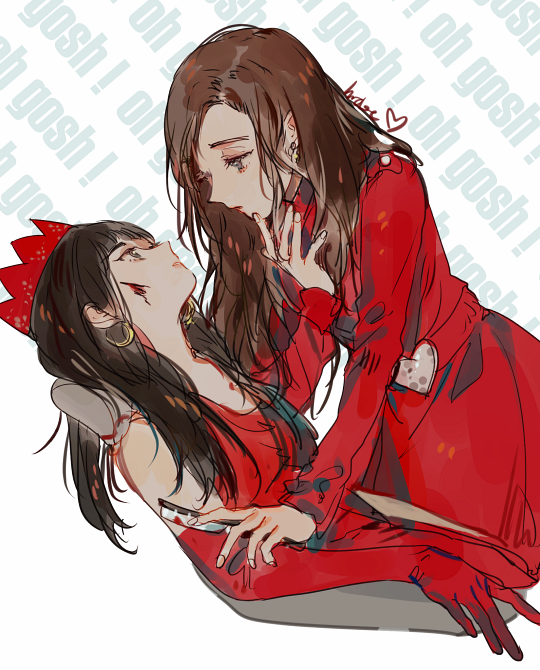 2girls, animification, belt, brown_hair, crown, dress, earrings, elbow_gloves, gloves, heart, heart_belt, holding, hrd0c, injury, irene_(red_velvet), jewelry, k-pop, long_hair, long_sleeves, looking_at_another, multiple_girls, profile, real_life, red_dress, red_gloves, red_velvet_(group), seulgi_(red_velvet), signature, yuri