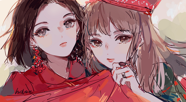 2girls, animification, blunt_bangs, brown_hair, close-up, closed_eyes, commentary, crown