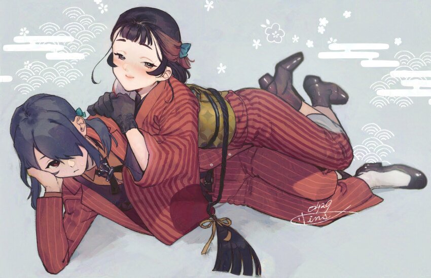 2girls, absurdres, black_eyes, black_footwear, black_gloves, black_hair, braid, brown_hair, formal_clothes, gloves, gradient_hair, hair_over_one_eye, highres, jacket, japanese_clothes, kantai_collection, kimono, kumano_maru_(11th_anniversary)_(kancolle), kumano_maru_(anniversary)_(kancolle), kumano_maru_(kancolle), long_hair, looking_at_viewer, lying, multicolored_hair, multiple_girls, on_side, pant_suit, pants, red_eyes, red_jacket, red_kimono, red_pants, shishanmo, single_braid, striped_clothes, striped_pants, suit, suit_jacket, yamashio_maru_(kancolle), yamashio_maru_(spring_2022)_(kancolle)
