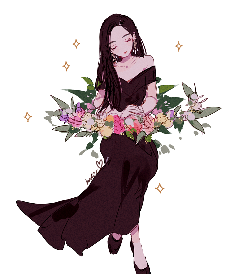 1girl, animification, bare_shoulders, brown_hair, closed_eyes, commentary, dress, earrings