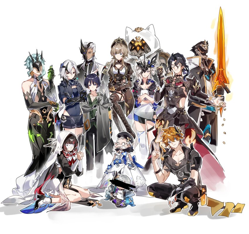 5girls, 6+boys, absurdres, aponia, aponia_(cosplay), arlecchino_(genshin_impact), armor, black_footwear, black_hair, black_mask, blonde_hair, boots, breasts, brown_footwear, brown_hair, can_(honkai_impact), can_(honkai_impact)_(cosplay), capitano_(genshin_impact), character_doll, cleavage, closed_eyes, closed_mouth, coat, coin, collarbone, columbina_(genshin_impact), cosplay, covered_navel, cup, doll, dottore_(genshin_impact), dress, drill_hair, eden_(honkai_impact), eden_(honkai_impact)_(cosplay), elysia_(honkai_impact), elysia_(miss_pink_elf)_(honkai_impact), elysia_(miss_pink_elf)_(honkai_impact)_(cosplay), fatui_coat, fu_hua, fu_hua_(shadow_knight), fu_hua_(shadow_knight)_(cosplay), genshin_impact, gloves, grape_(grapedraws), green_shirt, griseo, griseo_(starry_impression), griseo_(starry_impression)_(cosplay), hair_ornament, half_mask, hat, helmet, high_heels, highres, holding, holding_cup, holding_sword, holding_weapon, honkai_(series), honkai_impact_3rd, horns, jacket, kalpas_(honkai_impact), kalpas_(honkai_impact)_(cosplay), kevin_kaslana, kevin_kaslana_(cosplay), kosma, kosma_(cosplay), lace-trimmed_eyepatch, long_hair, long_nose, mask, mask_on_head, mask_over_one_eye, medium_breasts, medium_hair, mobius_(honkai_impact), mobius_(honkai_impact)_(cosplay), mouth_mask, multicolored_hair, multiple_boys, multiple_girls, one_eye_covered, orange_hair, pantalone_(genshin_impact), pants, pierro_(genshin_impact), pointy_ears, pulcinella_(genshin_impact), red_eyes, red_hair, sandrone_(genshin_impact), scaramouche_(genshin_impact), shirt, short_hair, shorts, signora_(genshin_impact), simple_background, sitting, small_breasts, squatting, standing, streaked_hair, stuffed_toy, su_(honkai_impact), su_(honkai_impact)_(cosplay), sword, tartaglia_(genshin_impact), thigh_boots, thighhighs, top_hat, tsaritsa_(genshin_impact), two-tone_hair, v, veil, vill-v, vill-v_(cosplay), weapon, white_background, white_dress, white_hair, white_mask, yae_sakura, yae_sakura_(goushinnso_memento), yae_sakura_(goushinnso_memento)_(cosplay)