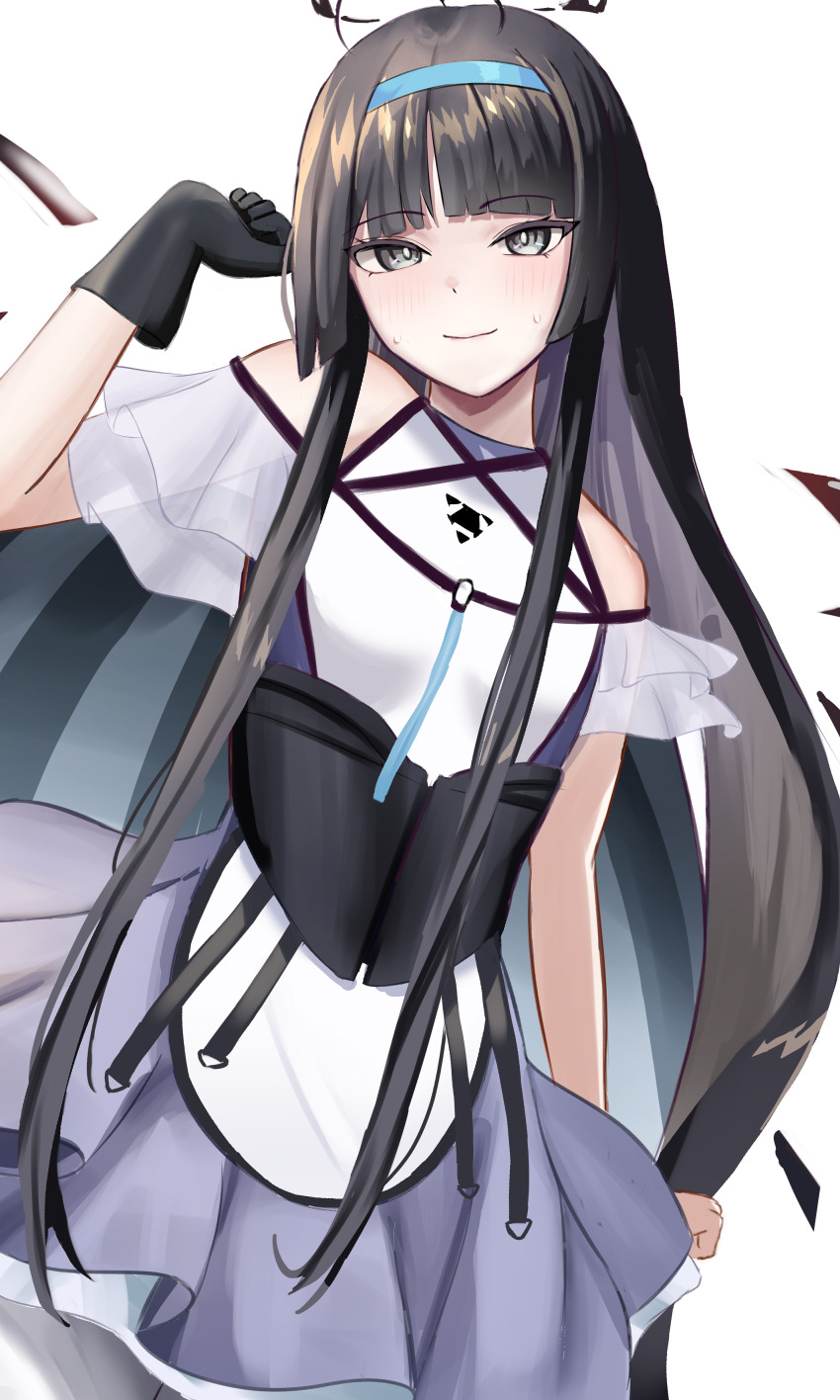 1girl, absurdres, arknights, bare_shoulders, black_gloves, black_hair, blue_hairband, commentary