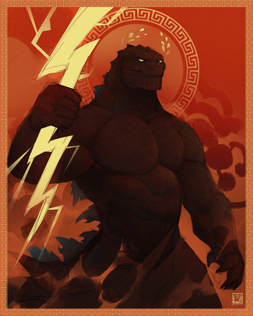 1boy, abs, absurdres, ancient_greek_clothes, bara, blank_eyes, cloud, cowboy_shot, dinosaur_boy, disney, electricity, electrokinesis, fine_art_parody, furry, furry_male, godzilla, godzilla_(series), greco-roman_clothes, greek_painting_style, greninjazz, hercules_(1997_movie), here_comes_zeuszilla_(meme), highres, holding_lightning_bolt, large_pectorals, laurel_crown, looking_ahead, male_focus, meme, muscular, muscular_male, muscular_other, parody, pectorals, solo, standing, strongman_waist, style_parody, toho, topless_male, zeuszilla_(plasmili0)
