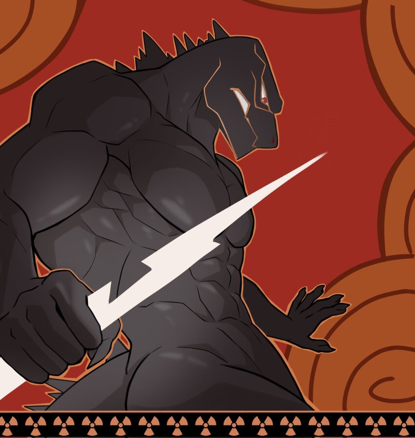 1boy, abs, bara, cloud, cowboy_shot, dinosaur_boy, disney, electricity, electrokinesis, fighting_stance, fine_art_parody, from_side, frown, furry, furry_male, godzilla, godzilla_(series), greek_painting_style, hercules_(1997_movie), here_comes_zeuszilla_(meme), highres, holding_lightning_bolt, large_pectorals, male_focus, meme, muscular, muscular_male, muscular_other, navel, parody, pectorals, profile, solo, style_parody, takochinki, toho, zeuszilla_(plasmili0)
