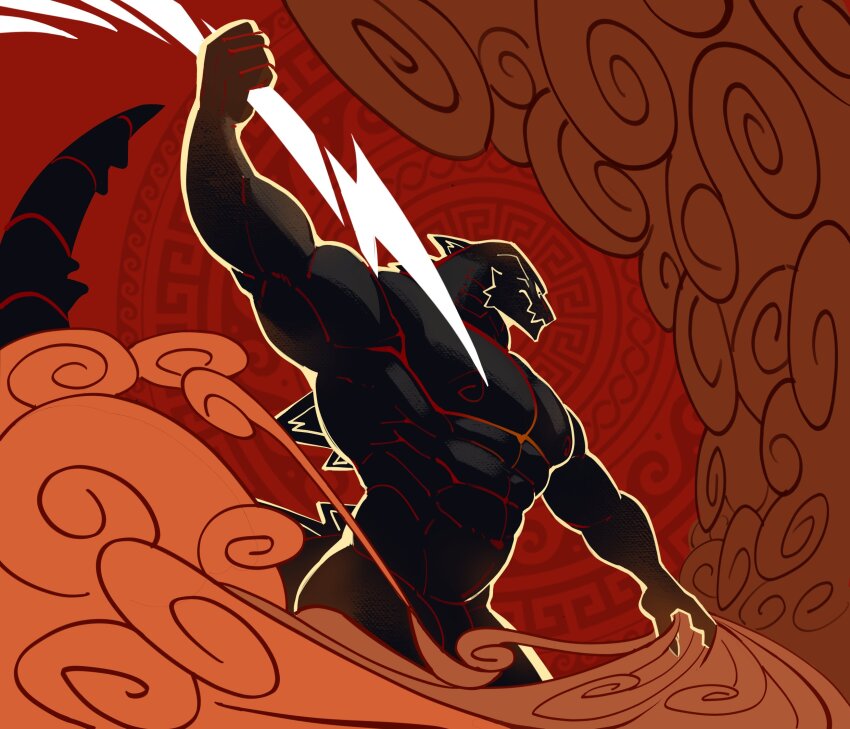 1boy, abs, bara, biceps, cloud, cowboy_shot, dinosaur_boy, disney