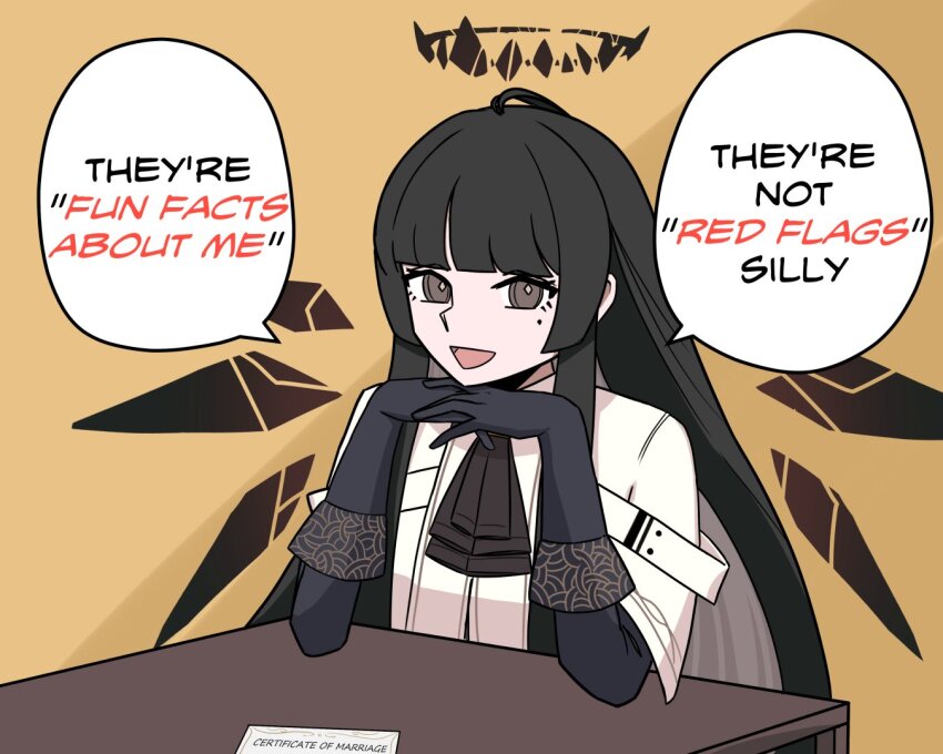 1girl, arknights, black_halo, broken_halo, dark_halo, detached_wings, energy_wings, english_text, grey_eyes, halo, hime_cut, jacket, kazoo_00, layered_sleeves, long_sleeves, marriage_certificate_(object), mole, mole_under_eye, short-sleeved_jacket, short_over_long_sleeves, short_sleeves, solo, speech_bubble, table, virtuosa_(arknights), wings, yellow_background