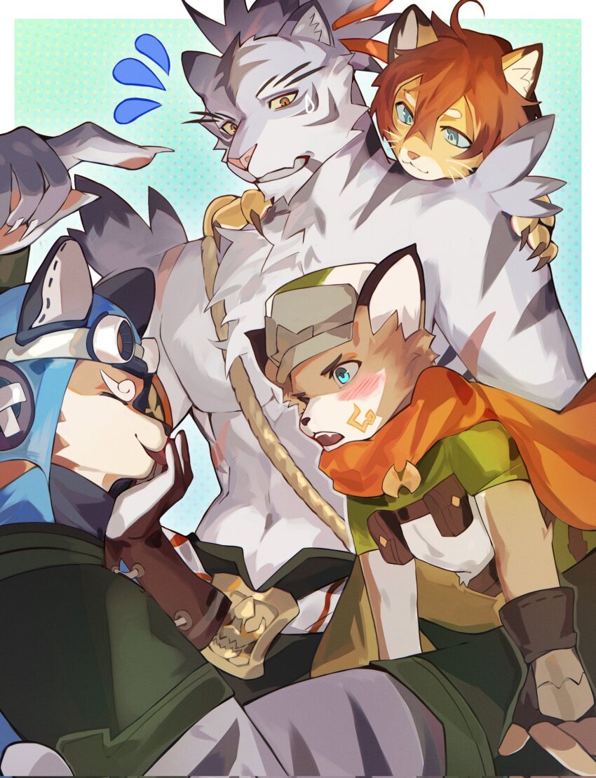 4boys, abs, animal_ears, axianorange, bara, blue_eyes, blush, claws