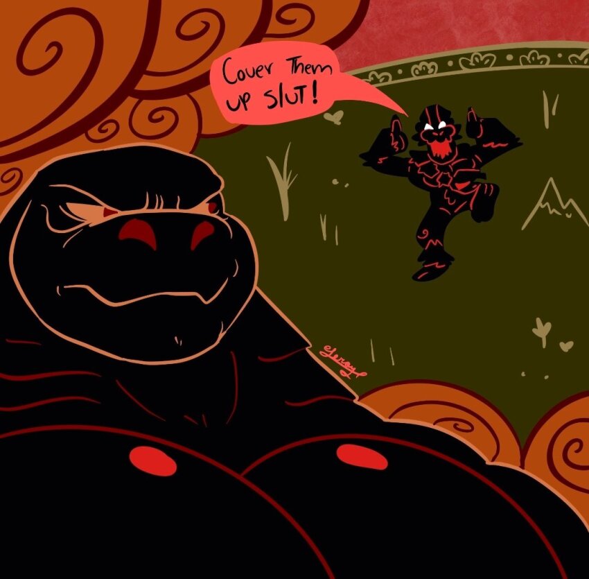 2boys, abs, bara, cloud, cover_them_up_slut_(meme), crossover, dialogue_box, dinosaur_boy, disney, fine_art_parody, furry, furry_male, godzilla, godzilla_(series), godzilla_x_kong:_the_new_empire, greek_painting_style, hercules_(1997_movie), king_kong, king_kong_(series), large_pectorals, legendary_pictures, leroy_(leroyelpatojoyt), looking_at_viewer, male_focus, meme, monsterverse, multiple_boys, multiple_crossover, muscular, muscular_male, muscular_other, parody, pectorals, solo_focus, style_parody, toho, upper_body, video_game_dialogue_box, zeuszilla_(plasmili0)