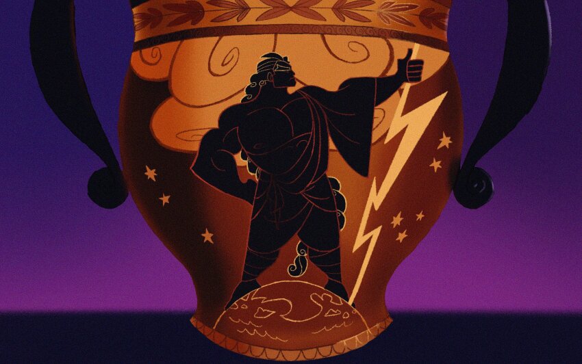 1boy, abs, ancient_greek_clothes, bara, bare_pectorals, biceps, cloud, derivative_work