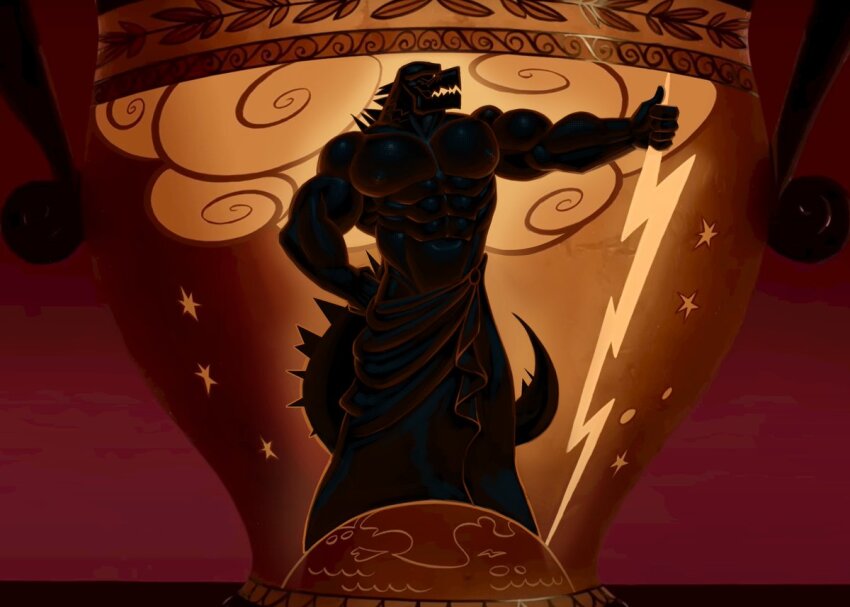 1boy, abs, ancient_greek_clothes, arctavius, bara, biceps, cloud, dinosaur_boy