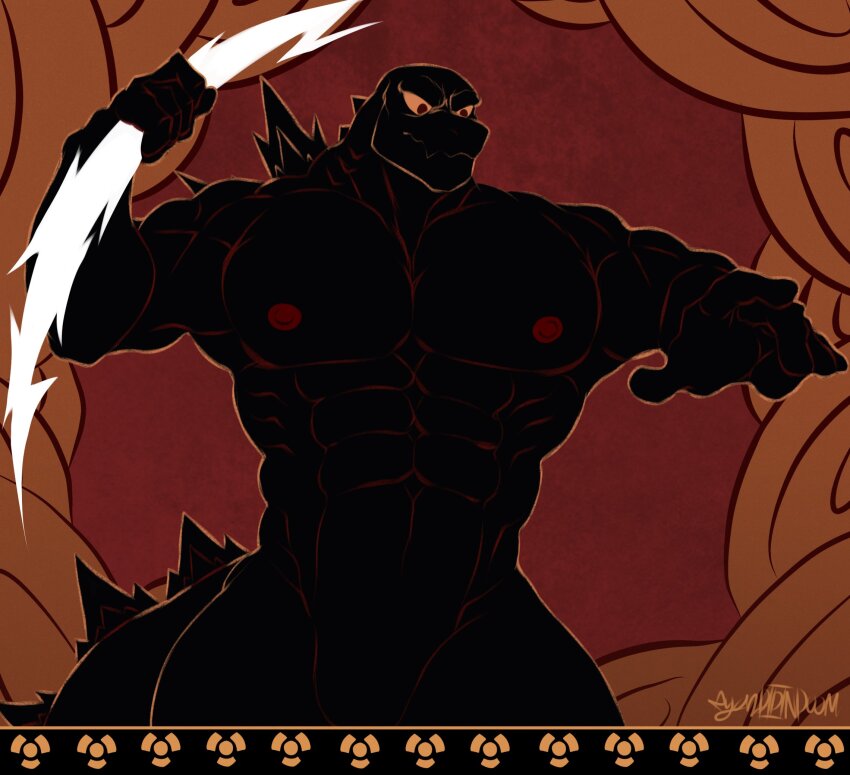 1boy, abs, bara, cloud, cowboy_shot, dinosaur_boy, disney, electricity