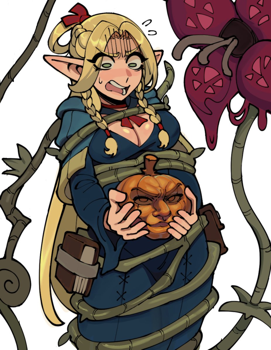 1girl, blonde_hair, blue_capelet, blue_dress, bojinko, braid, breasts, capelet