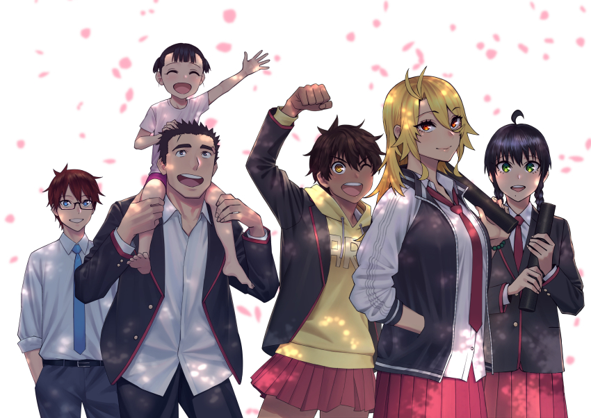 2boys, 4girls, belt, black_hair, blonde_hair, brother_and_sister, carrying, dark-skinned_female
