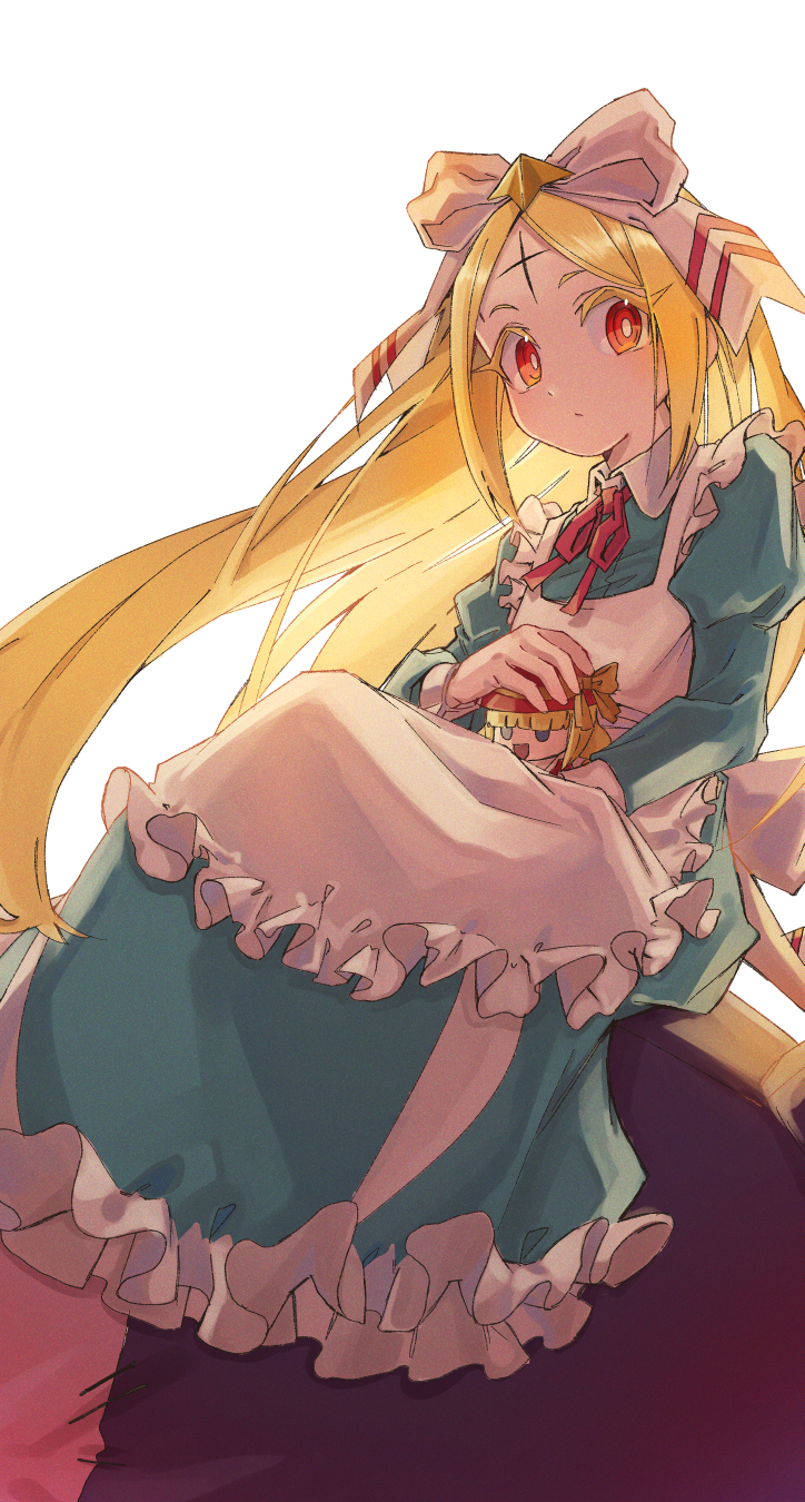 1girl, apron, blonde_hair, blue_dress, cross, cross_facial_mark, doll, dress