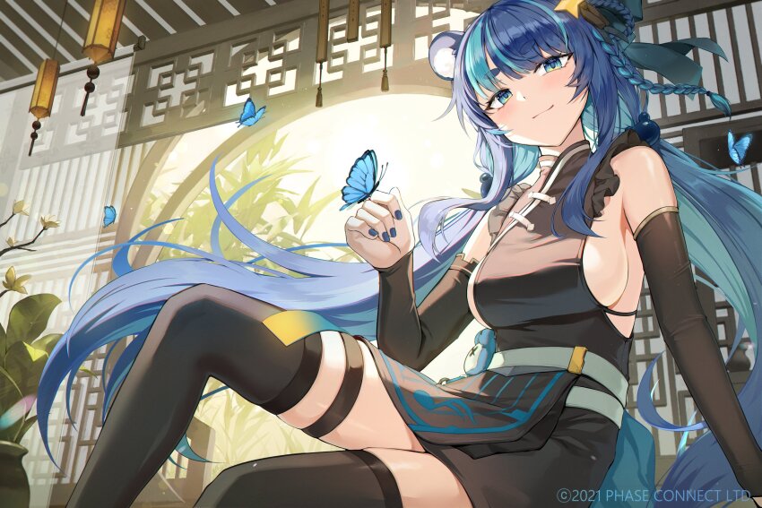 1girl, absurdres, animal_ears, aqua_hair, architecture, asymmetrical_legwear, asymmetrical_sleeves, bear_ears, belt, black_dress, black_thighhighs, blue_butterfly, blue_eyes, blue_hair, blue_nails, braid, breasts, bug, butterfly, colored_inner_hair, cropped_arms, cropped_legs, detached_sleeves, doorway, dress, east_asian_architecture, fujikura_uruka, fujikura_uruka_(elite), hair_ornament, highres, insect, knee_up, lantern, long_hair, looking_at_viewer, low_twintails, luzzi_(milllim), medium_breasts, multicolored_hair, paper_lantern, pelvic_curtain, phase_connect, plant, potted_plant, side_braid, sideboob, sidelocks, sitting, stuffed_toy, thick_eyebrows, thighhighs, twintails, two-tone_hair, very_long_hair, virtual_youtuber, white_belt, wispy_bangs
