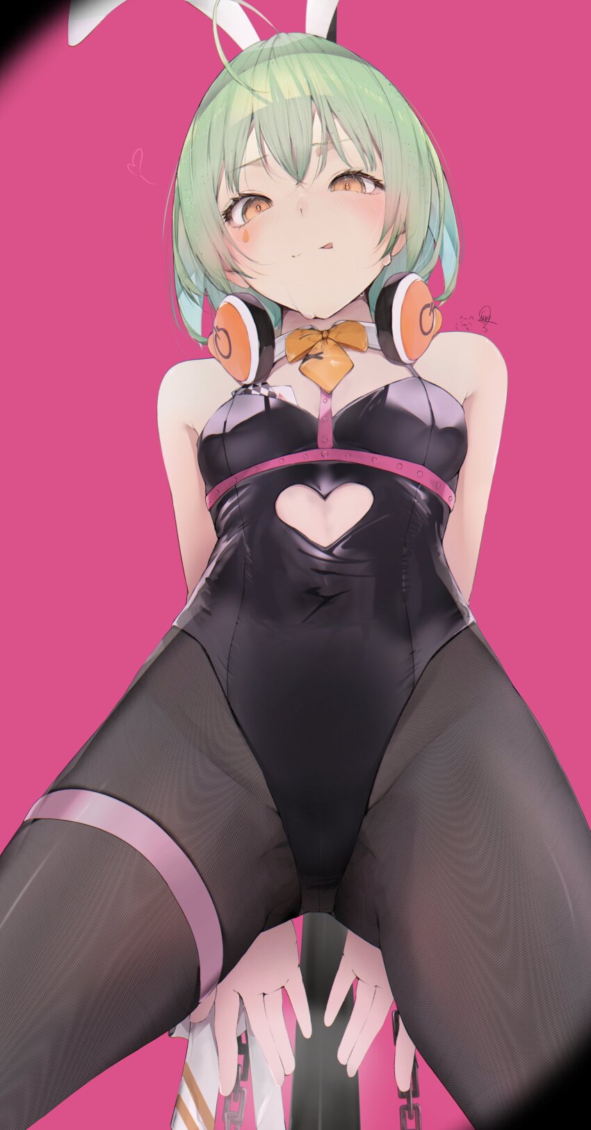 1girl, :q, absurdres, ahoge, animal_ears, arms_behind_back, bare_shoulders, black_leotard
