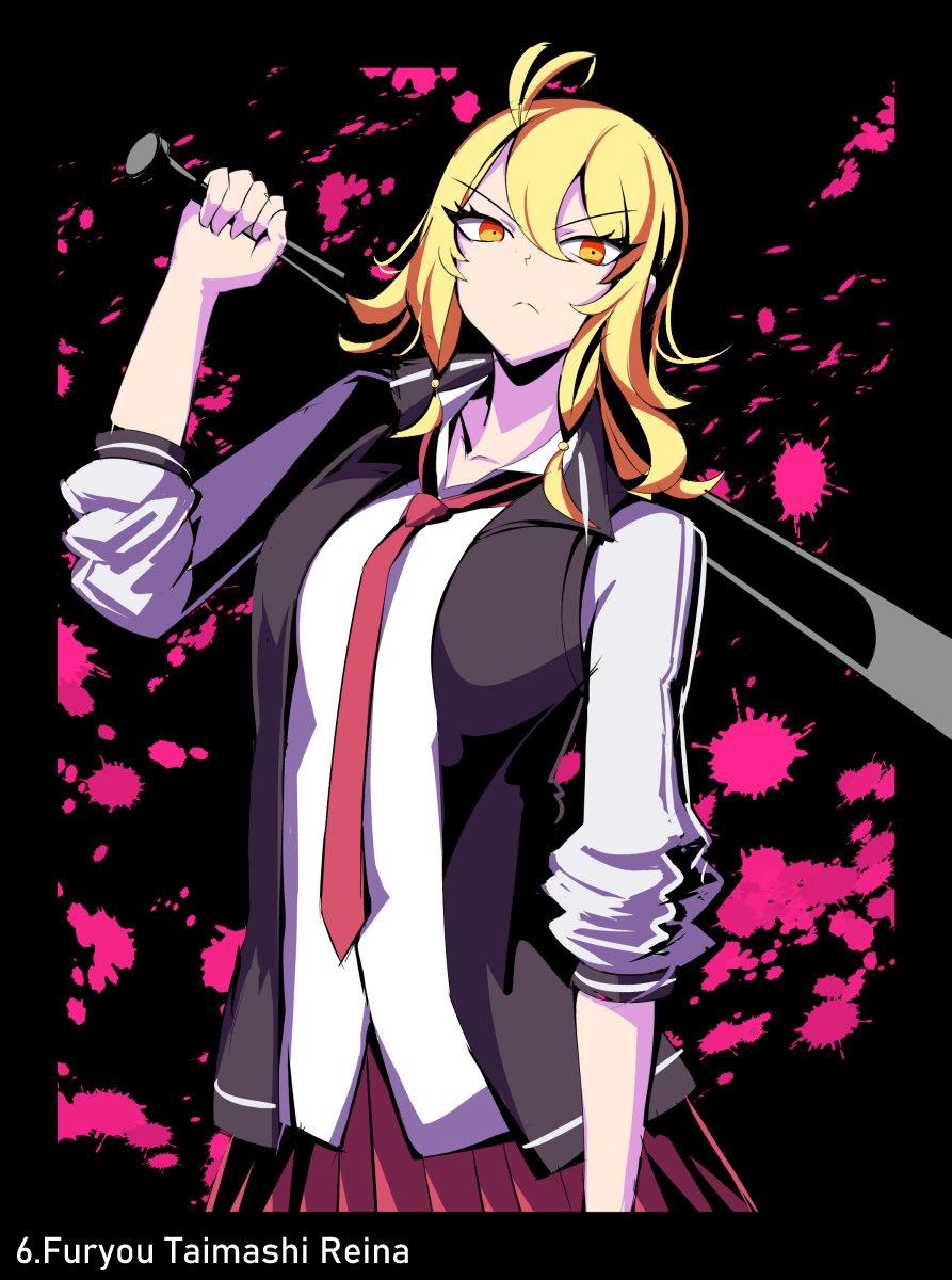 1girl, baseball_bat, black_background, blonde_hair, blood, blood_stain, delinquent, furyou_taimashi_reina