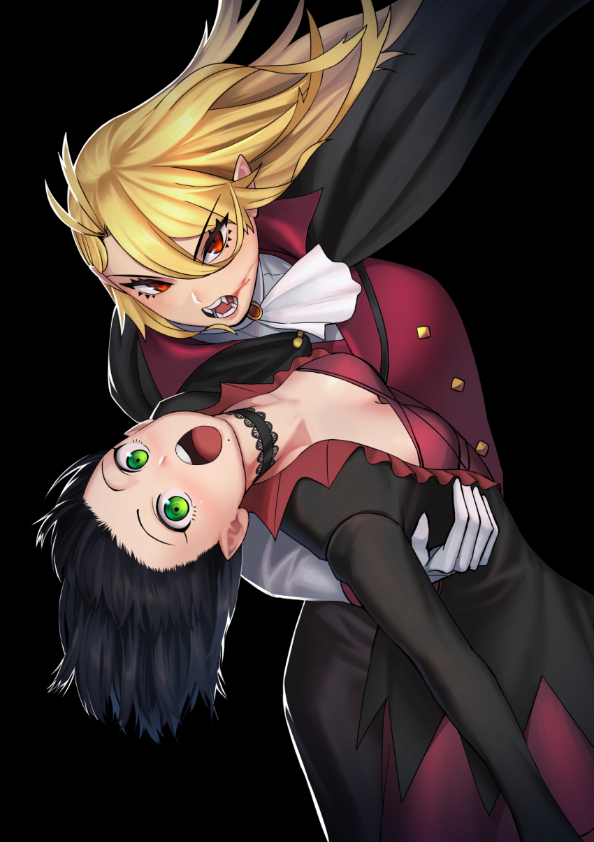 2girls, :o, breasts, carrying, carrying_person, choker, cloak, fangs