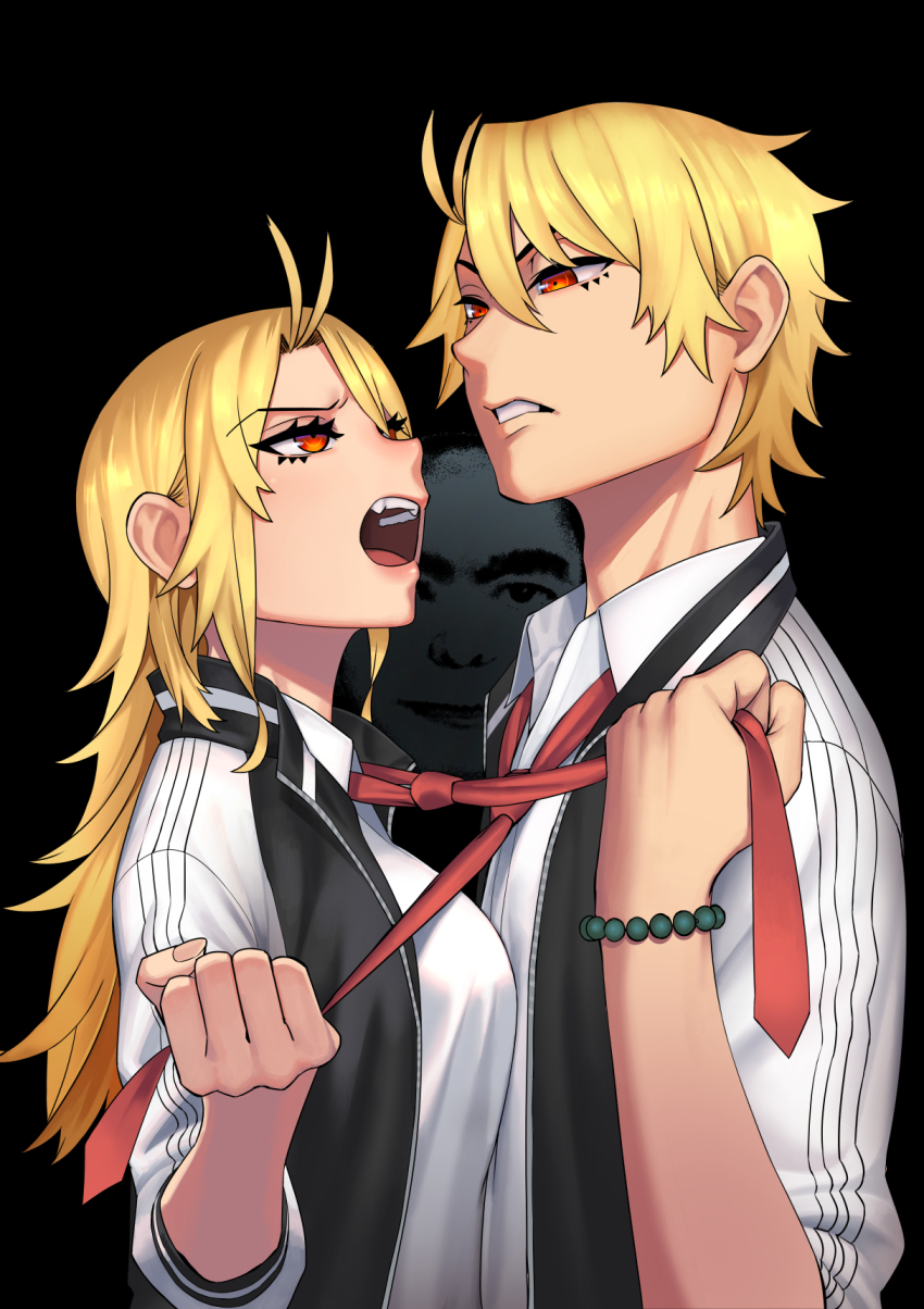 1girl, 2boys, angry, black_background, blonde_hair, bracelet, clothes_grab, delinquent