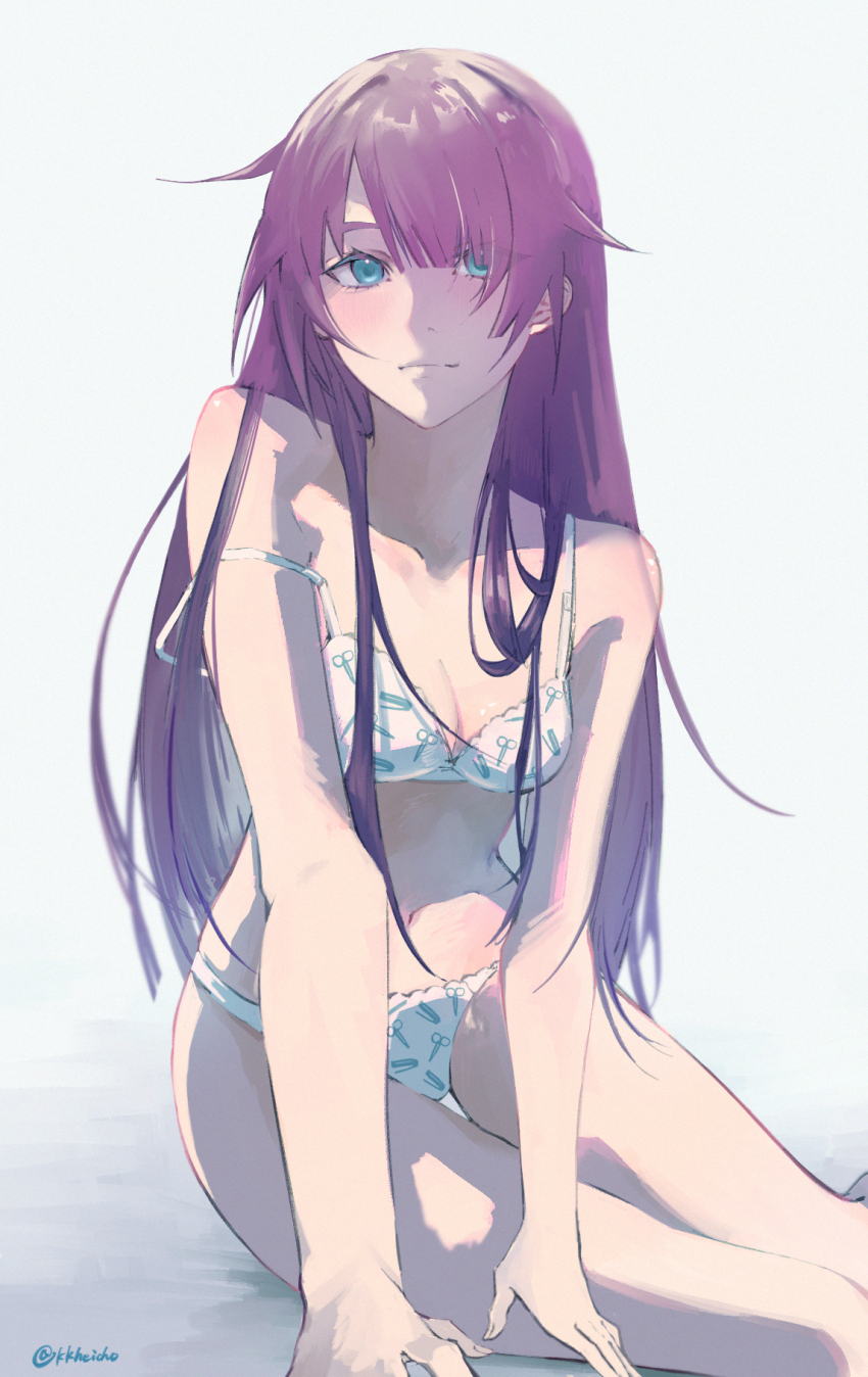 1girl, aqua_eyes, artist_name, bakemonogatari, blush, bra, breasts, clip_studio_paint_(medium)