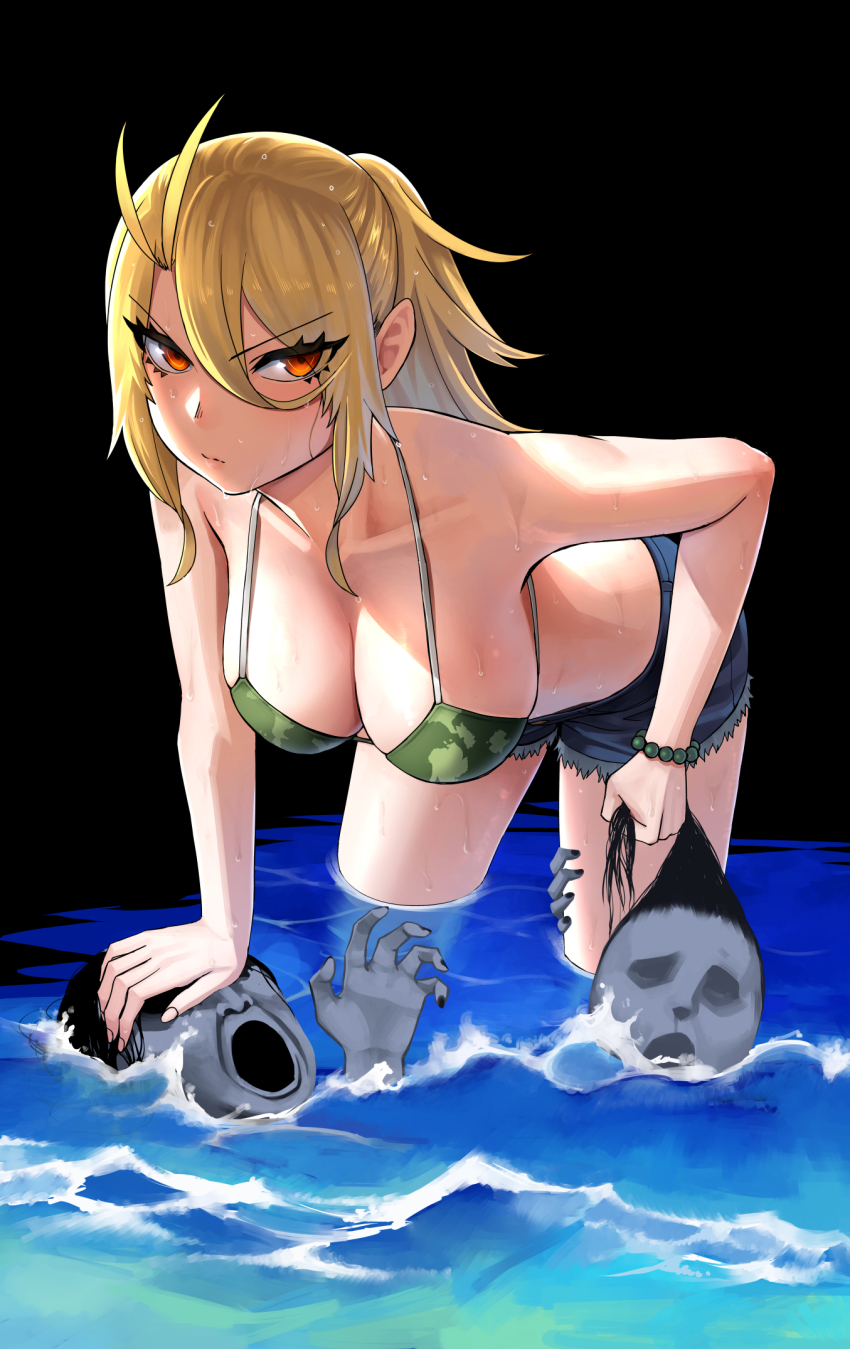 1girl, 2others, beads, bikini, blonde_hair, bracelet, breasts, camouflage, camouflage_bikini, denim, furyou_taimashi_reina, hanging_breasts, highres, jeans, jewelry, large_breasts, looking_to_the_side, multiple_others, ocean, official_alternate_costume, official_art, orange_eyes, otosama, pants, prayer_beads, shorts, suzuno_reina, swimsuit, water