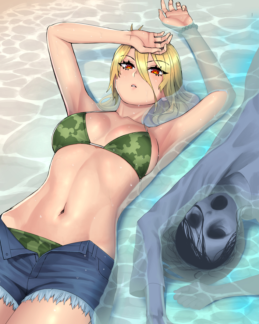 1girl, 1other, armpits, bikini, blonde_hair, camouflage, camouflage_bikini, furyou_taimashi_reina, ghost, highres, lying, official_art, orange_eyes, otosama, submerged, suzuno_reina, swimsuit, water