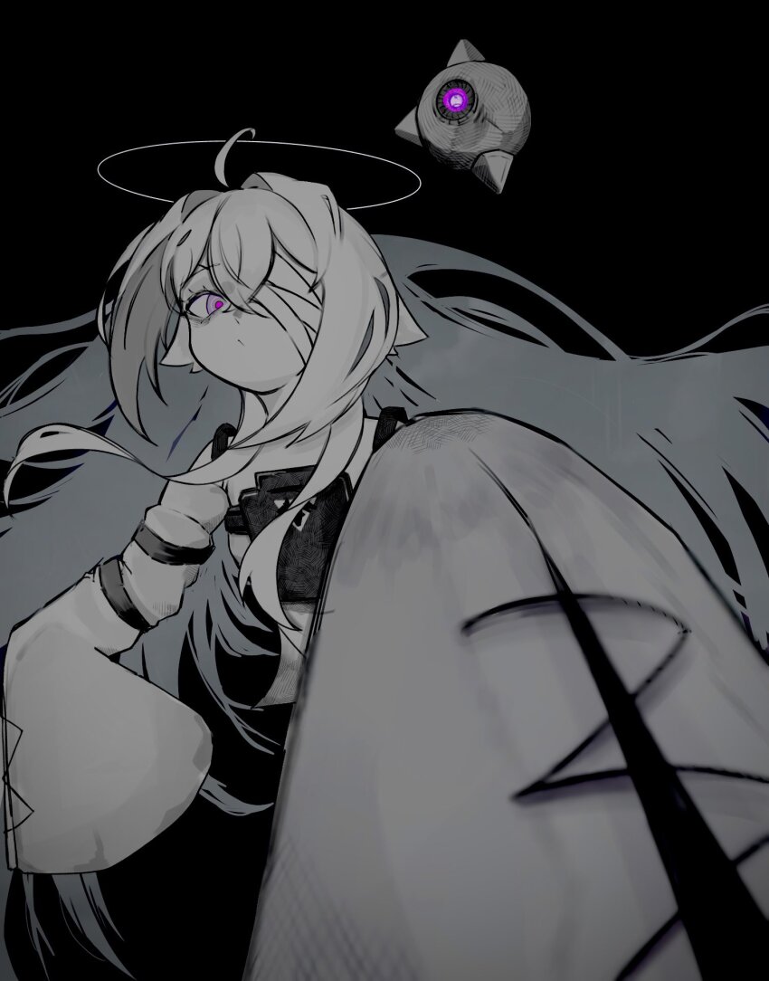 1girl, ahoge, bandage_over_one_eye, black_background, chest_protector, closed_mouth, colored_skin, crossed_bangs, dot_mouth, dress, drone, flat_chest, grey_dress, grey_eyes, grey_hair, grey_skin, grey_sleeves, hair_between_eyes, hair_spread_out, halo, highres, long_hair, long_sleeves, no._21:_xxi_(pgr), no._21_(pgr), punishing:_gray_raven, purple_pupils, sangosyan2, sidelocks, sleeves_past_fingers, sleeves_past_wrists, solo