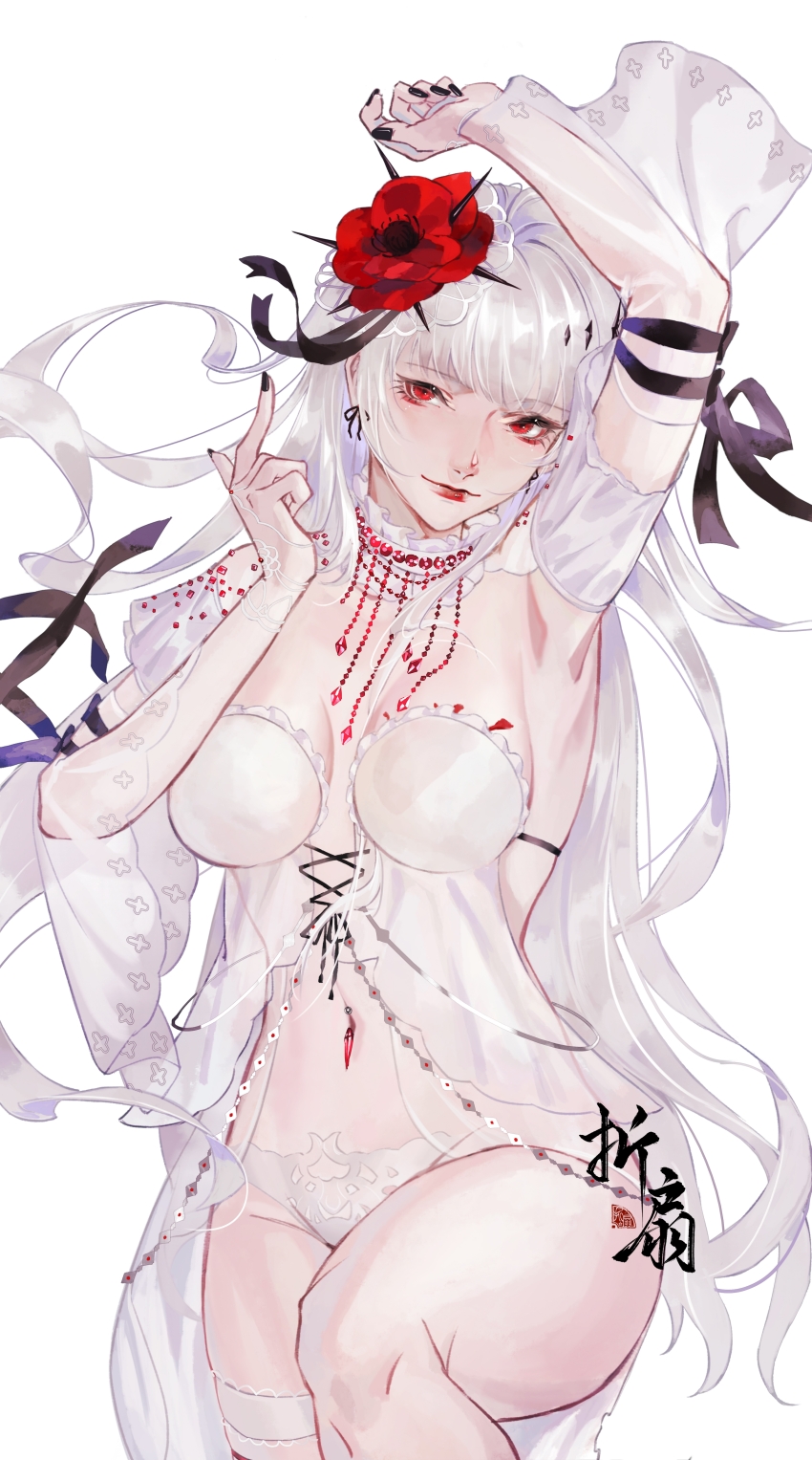 1girl, absurdres, arm_ribbon, arm_up, armpits, babydoll, bare_legs, breasts, bridal_gauntlets, chinese_commentary, collar, commentary, commission, coquelic_(path_to_nowhere), detached_collar, detached_sleeves, eyeliner, fascinator, flower, frilled_collar, frills, gem, groin, hair_flower, hair_ornament, highres, index_finger_raised, knee_up, light_smile, lips, long_hair, looking_at_viewer, makeup, medium_breasts, midriff, navel, navel_piercing, nightgown, panties, path_to_nowhere, piercing, pointing, pointing_up, poppy_(flower), red_eyeliner, red_eyes, red_flower, red_gem, red_lips, ribbon, see-through_clothes, see-through_sleeves, signature, simple_background, solo, underwear, upper_body, very_long_hair, white_babydoll, white_background, white_bridal_gauntlets, white_hair, white_nightgown, white_panties, zheshanshan