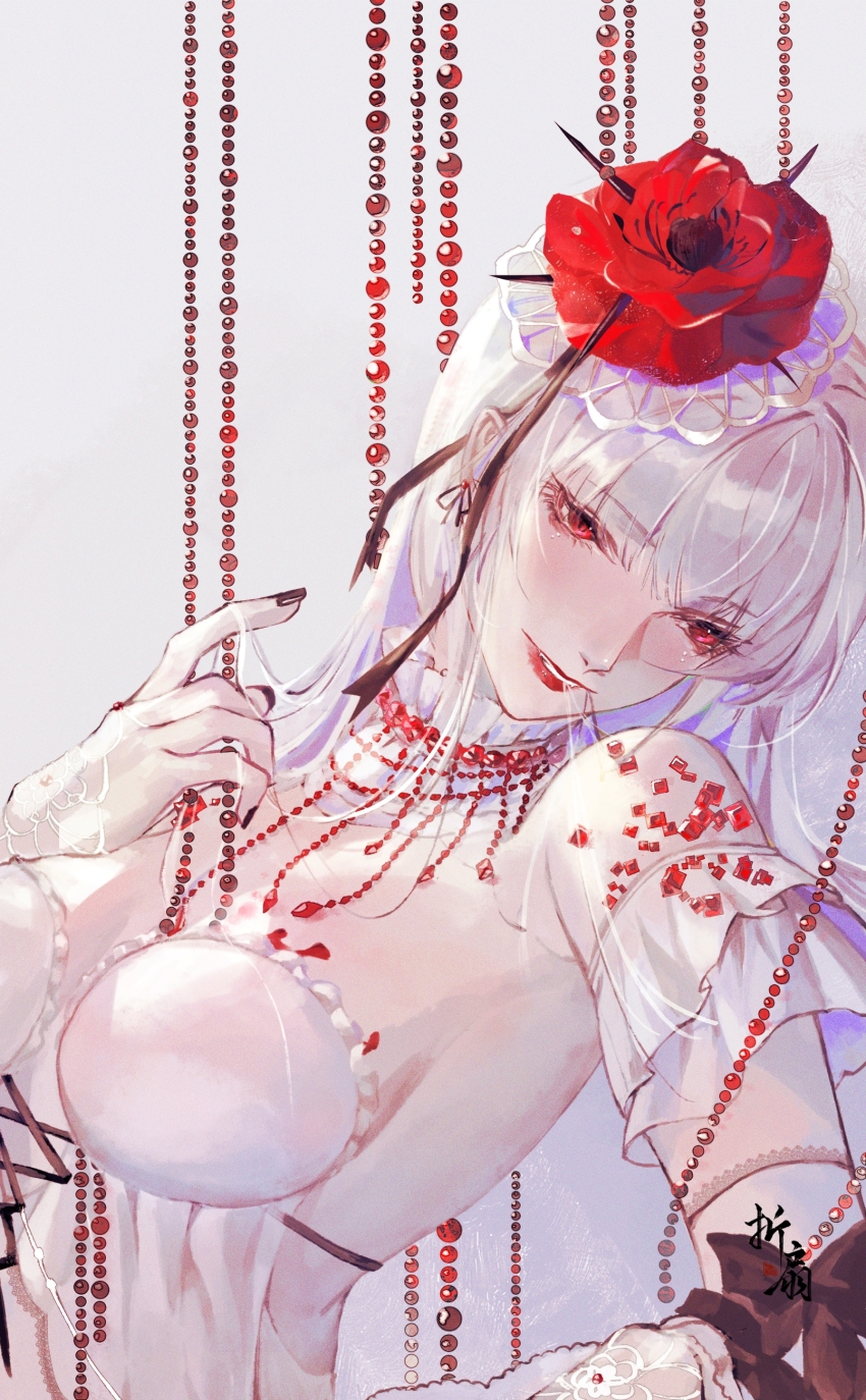 1girl, absurdres, babydoll, blush, breasts, bridal_gauntlets, chinese_commentary, collar, commentary, commission, coquelic_(path_to_nowhere), detached_sleeves, fascinator, flower, frilled_collar, frills, gem, grey_background, hair_flower, hair_in_own_mouth, hair_ornament, highres, jewelry, leaning_to_the_side, long_hair, looking_down, medium_breasts, necklace, nightgown, parted_lips, path_to_nowhere, playing_with_own_hair, poppy_(flower), red_eyes, red_flower, red_gem, red_lips, ribbon_earrings, sideboob, signature, solo, upper_body, white_babydoll, white_bridal_gauntlets, white_hair, white_nightgown, zheshanshan